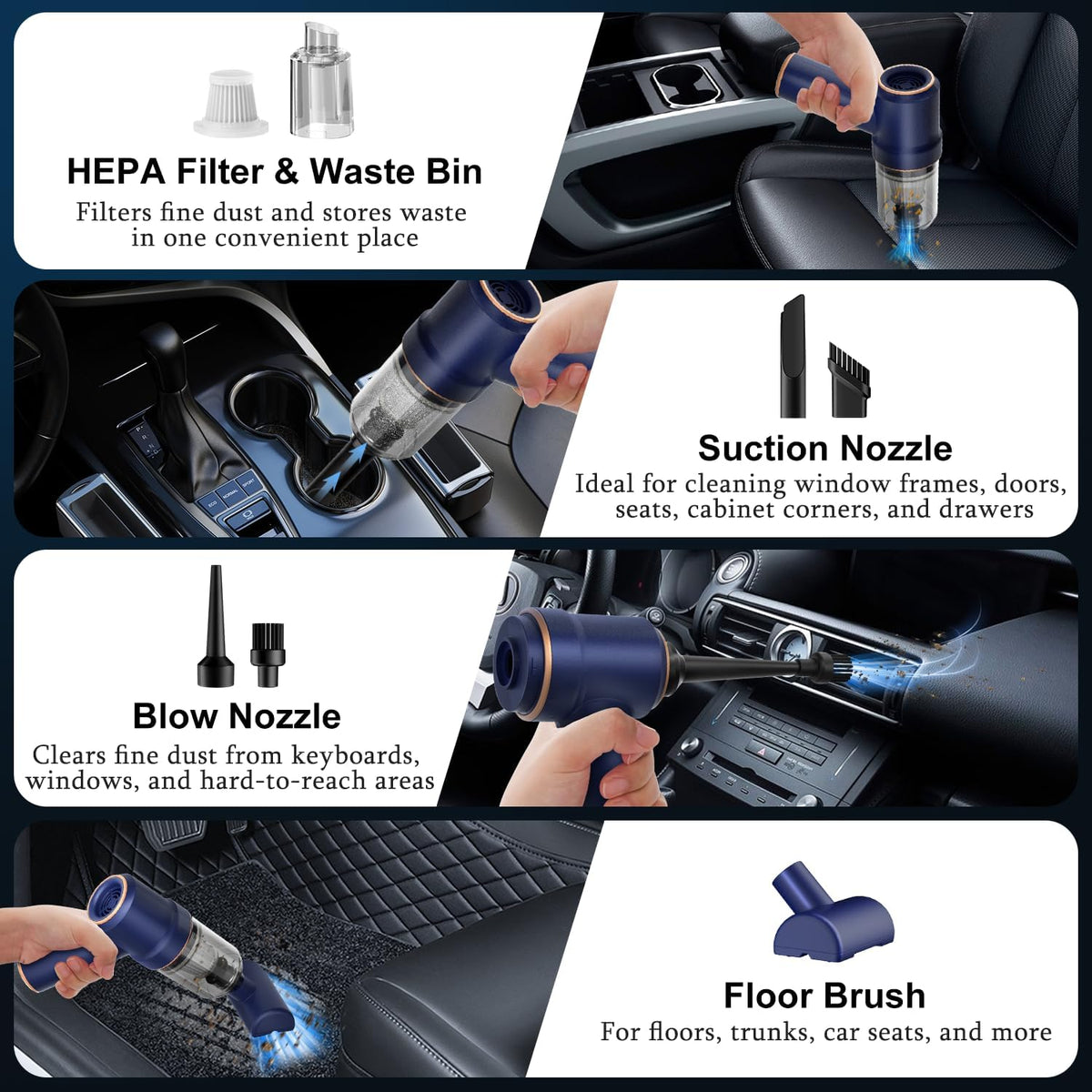 Handheld Car Vacuum Cleaner, Hand Held Vacuum Cleaner and Air Duster | 9000PA Strong Suction, Cordless, 120W High Power, Multi-Nozzles & LED Light, for Home, Car, Office, Pet